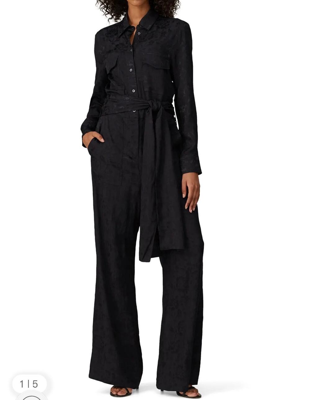 STAUD Black Floral Jacquard Wide Leg Jumpsuit Collared Size Small